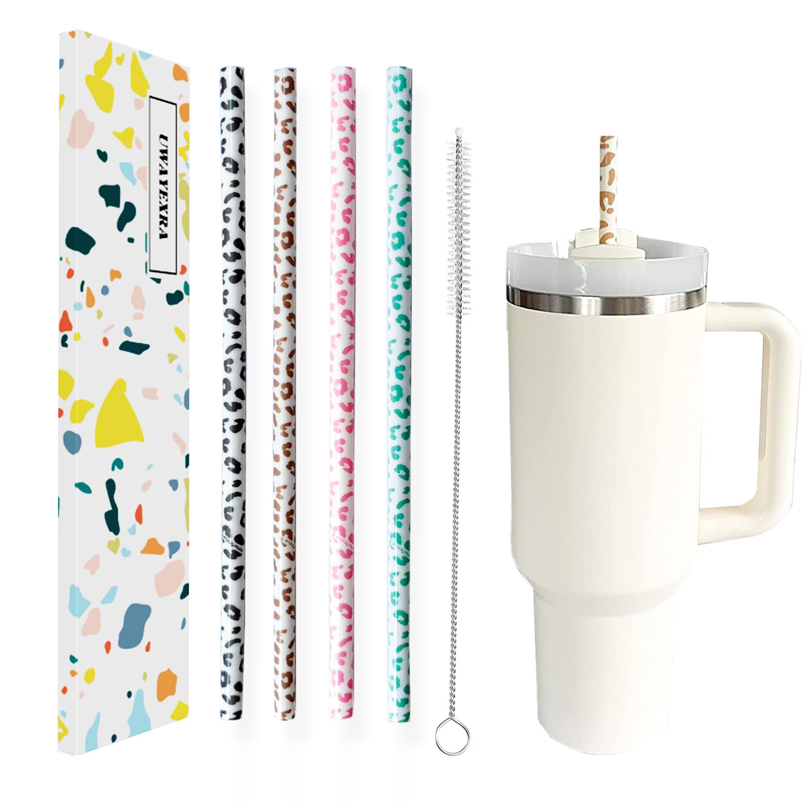 40oz Replacement Straws 4 Pack - Extra Long 12 Inch Reusable Leopard & Cheetah Print Straws for 30oz & 40oz Tumblers | Perfect for Iced Coffee, Smoothies, and Cold Drinks at Home, Office, or Travel