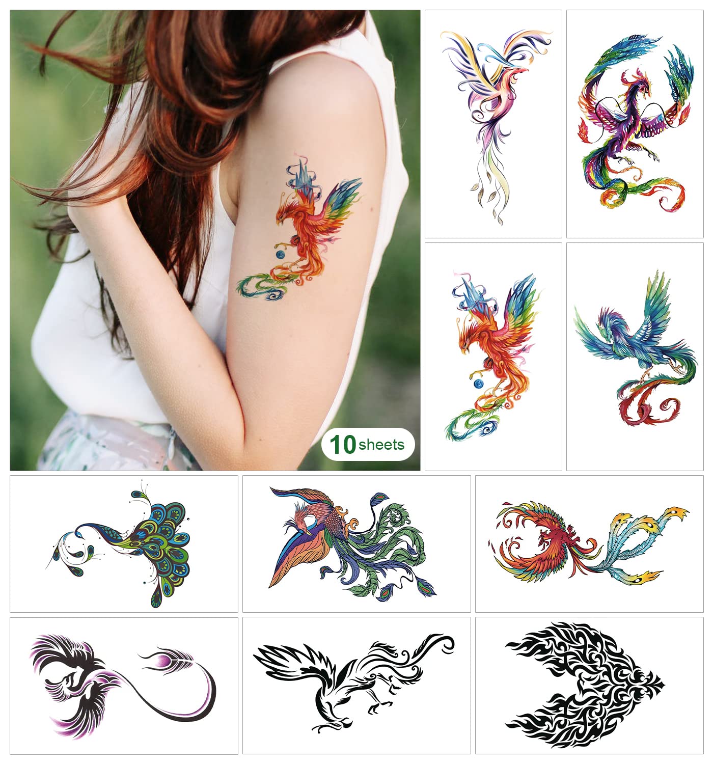 10 Sheets Phoenix Dragon Temporary Tattoos for Kids, Women & Men - Colorful Firebird Fantasy Animal Fake Tattoo Stickers for Neck, Arm, Leg, Chest - Perfect for Halloween, Cosplay & Body Art (Various Designs)