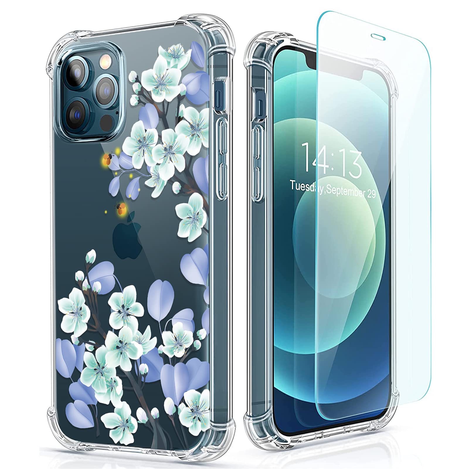 5-in-1 RoseParrot iPhone 12 Pro Max Case with Screen Protector, Ring Holder & Waterproof Pouch - Clear Floral Pattern Soft Flexible Protective Cover (Fireflies) | Perfect for Outdoor Activities, Travel & Daily Protection