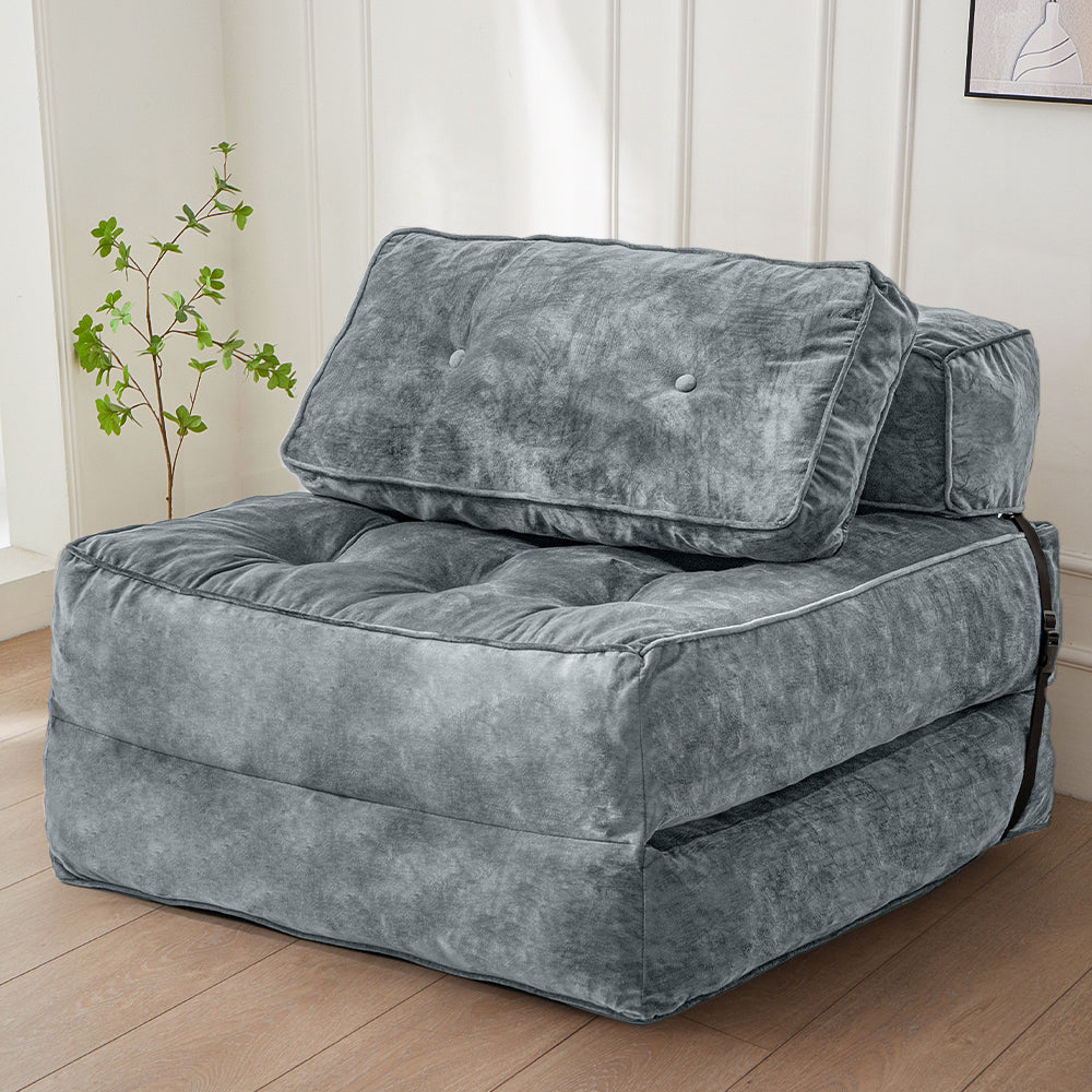 MAXYOYO Velvet Convertible Folding Sofa Bed - Dark Grey Sleeper Chair with Pillow | Portable Fold Out Guest Bed for Small Spaces, Living Room & Dorm Room