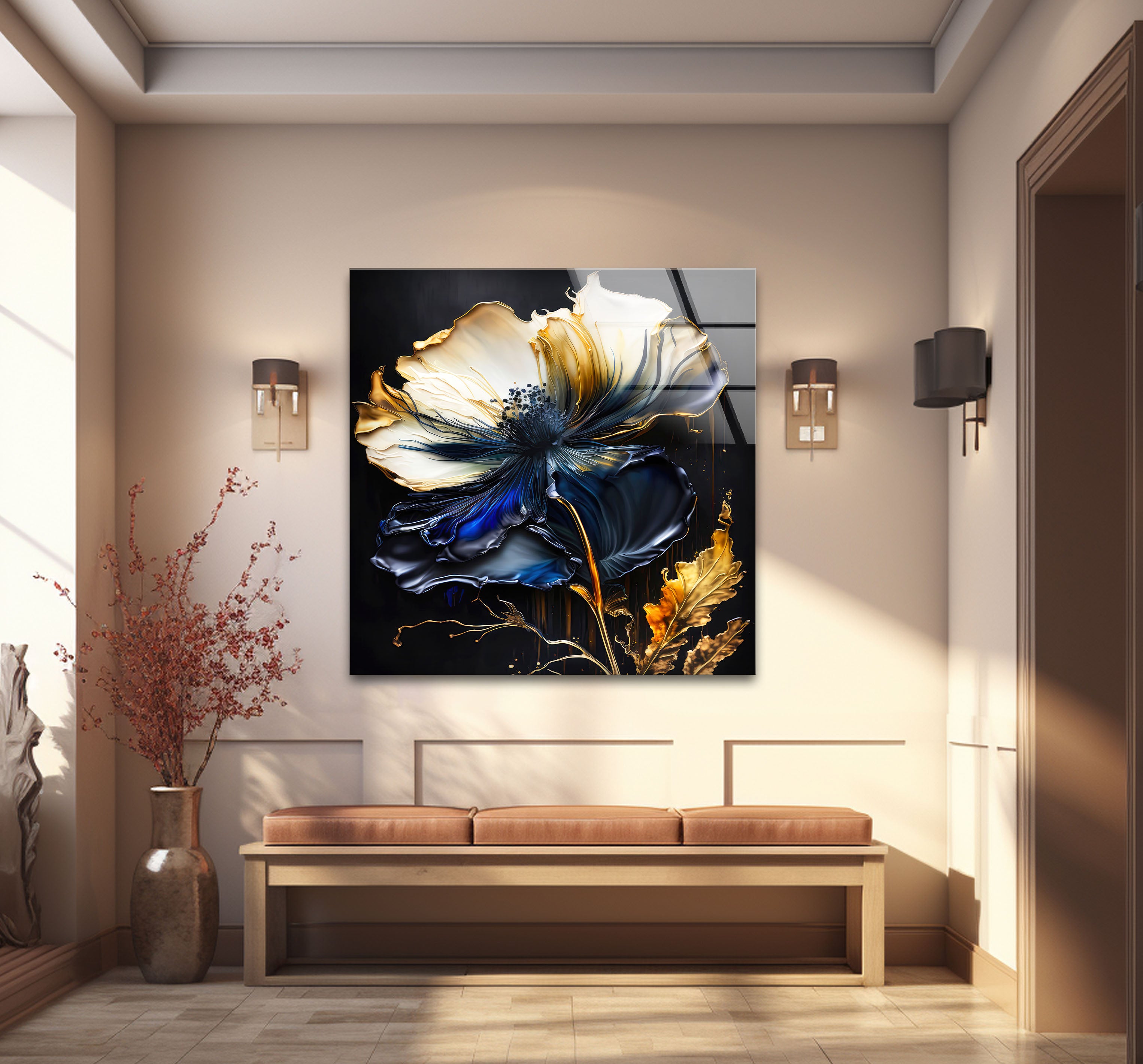 Blue and Gold Floral Wall Art - Elegant Dark Botanical Glass Print for Modern Luxury Home Decor | Perfect for Living Room, Bedroom & Office Wall Decor
