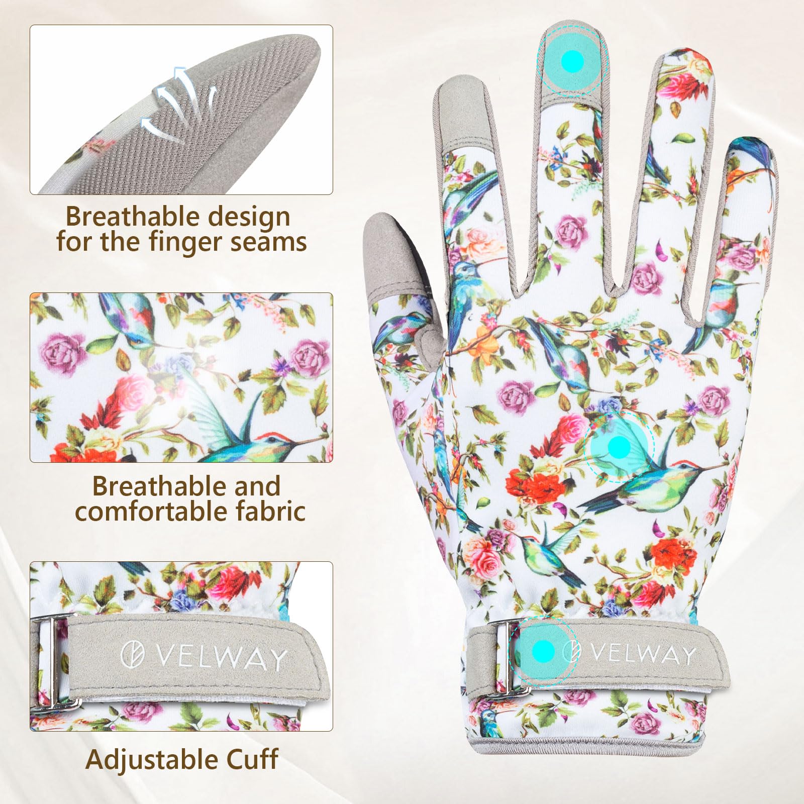 Velway Women's Gardening Gloves - Breathable & Flexible Work Gloves for Weeding, Planting, Pruning - Lightweight Touchscreen Protective Gloves (Beige, Medium) - Perfect for Outdoor Gardening, Landscaping & Farm Work