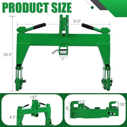 GARVEE 3 Point Quick Attach Hitch for Tractor - 2 Inch Receiver with 5 Adjustable Bolts (Green) - Perfect for Farming, Landscaping & Tractor Implements