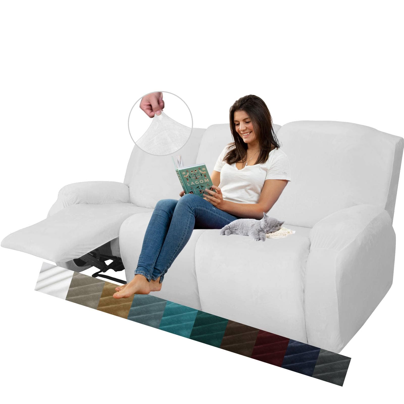 MAXIJIN 8-Piece Stretch Velvet Recliner Sofa Covers - Soft, Thick & Washable Slipcovers for 3-Cushion Reclining Couches (White) - Perfect for Living Room, Home Theater & Family Room Furniture Protection