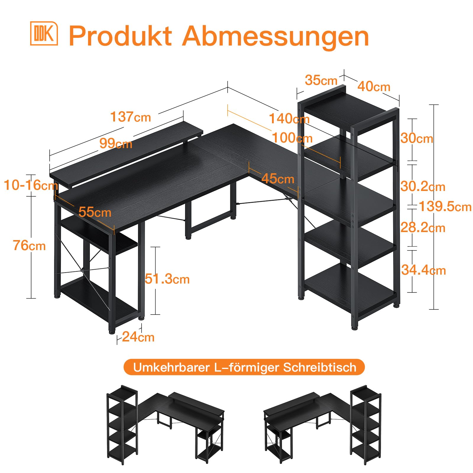 ODK L-Shaped Desk with Shelf, Black 140×137 cm - Long Monitor Support, Home Office & Gaming Desk for Workspace & Study Room