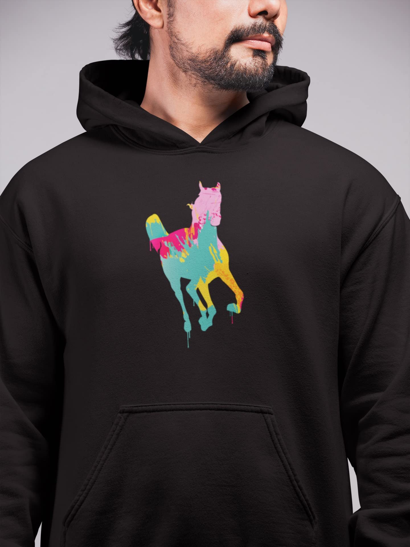 Black Splatter Horse Print Adult Pullover Hoodie - Cozy & Stylish for Casual Wear, Outdoor Activities & Street Fashion