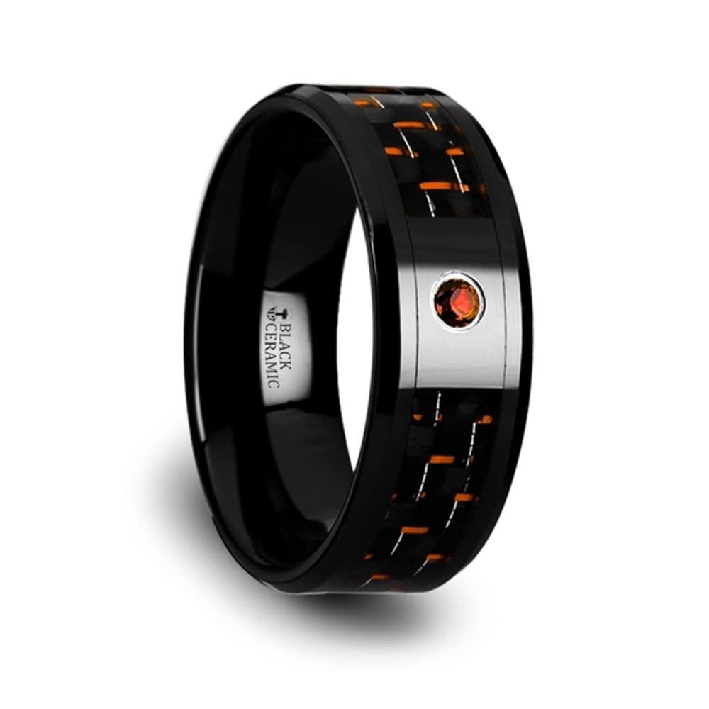 Roy Rose Jewelry Men's Black Ceramic & Orange Carbon Fiber Wedding Ring with Padparadscha Stone - 8mm Comfort Fit Beveled Band - Helsing Style - Perfect for Engagement, Anniversary & Formal Occasions