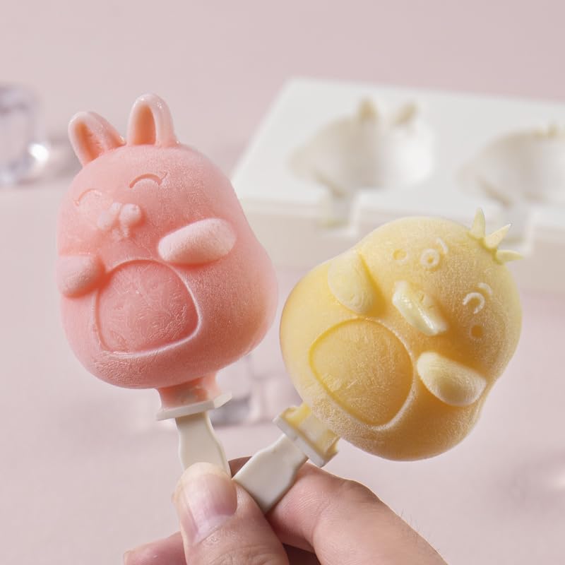 Best Silicone Popsicle Molds - 3 Cavity Animal & Fruit Ice Cream Makers for DIY Homemade Treats - Perfect for Summer Snacks, Kids Parties & Healthy Frozen Desserts (Rabbit Design)