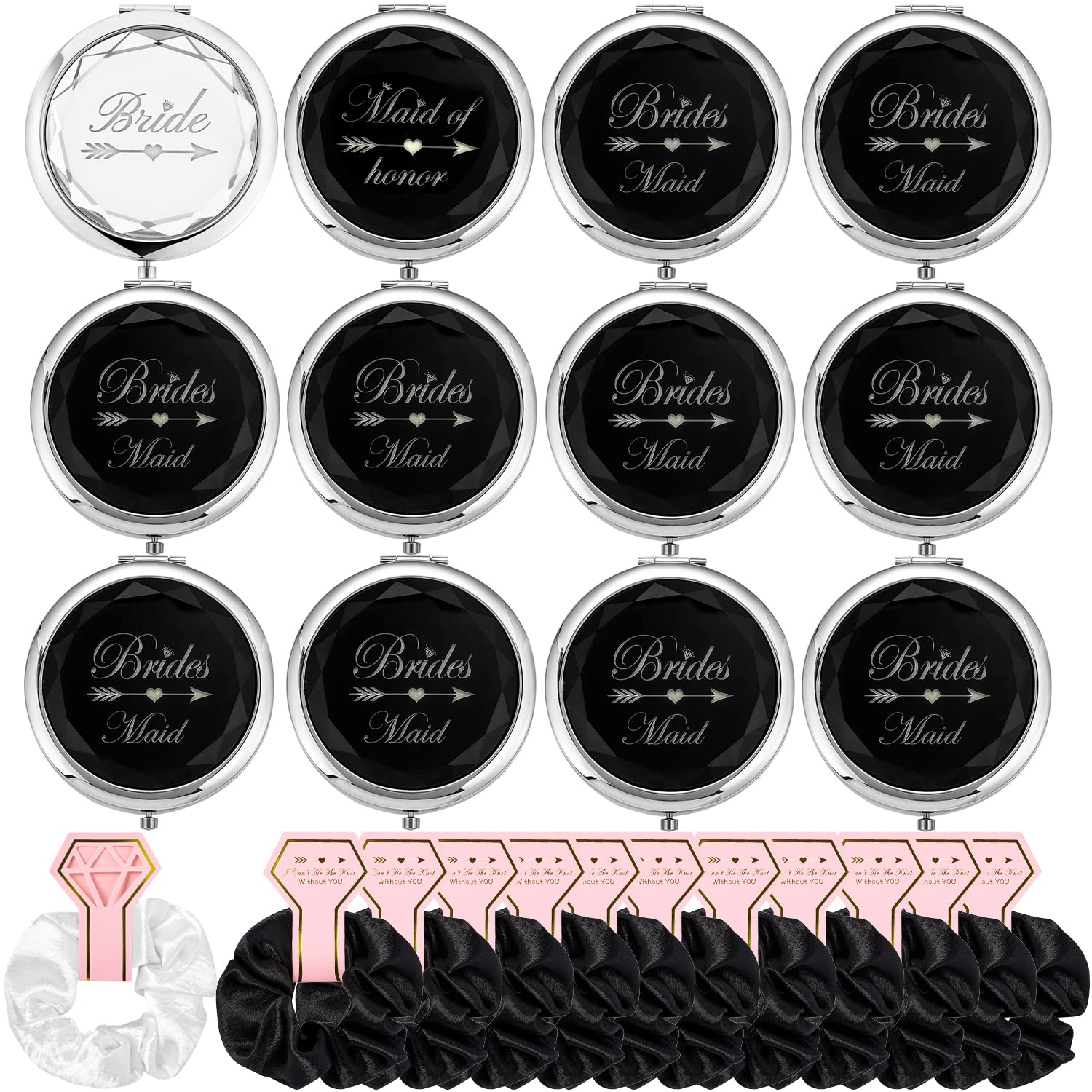 12-Piece Compact Pocket Makeup Mirror Set - Bride, Maid of Honor & 10 Bridesmaid Mirrors with 12 Hair Ties - Perfect for Bachelorette Parties, Bridesmaid Proposals & Wedding Favors (Black)