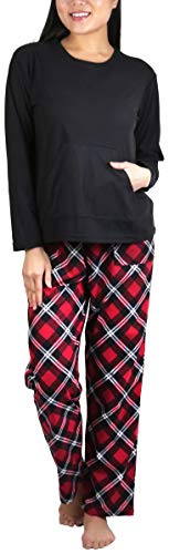 Long Sleeve Kangaroo Pocket Top - Black & Red Chekered