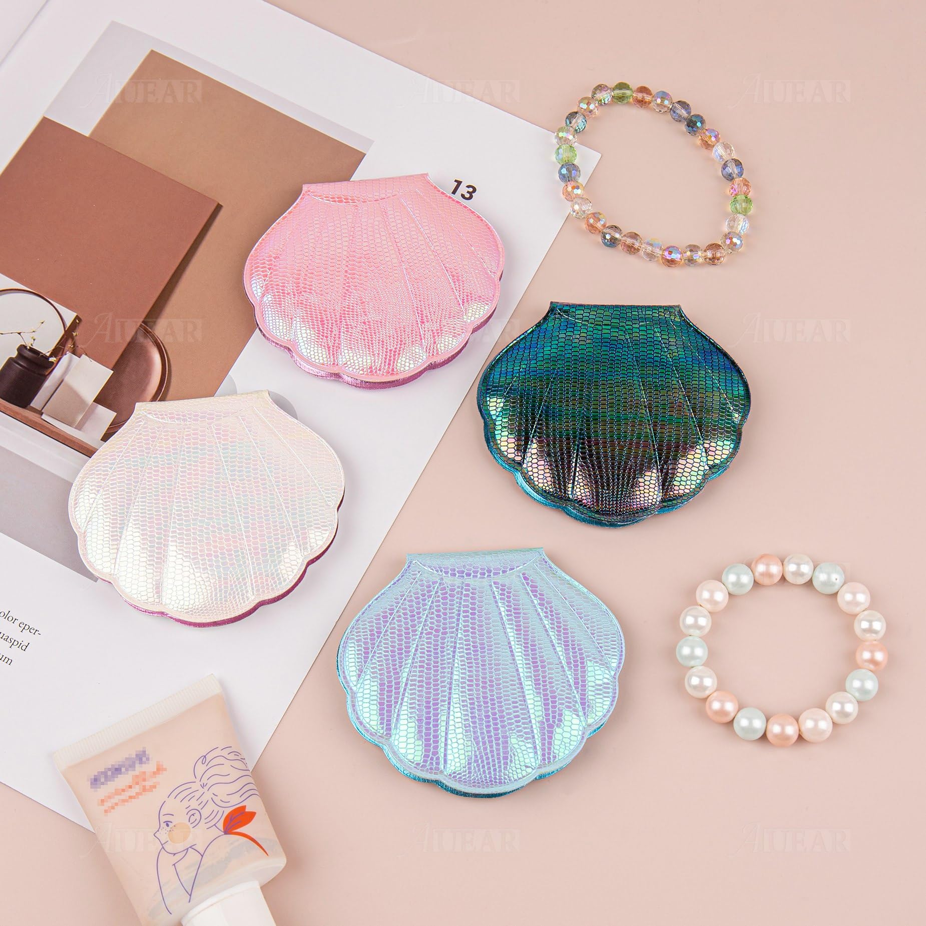 AUEAR 4 Pack Glitter Shell Double-Sided Magnifying Makeup Mirror - 1x/5x Magnification, Portable Compact Mirror for Purse, Handbag, Pocket - Perfect for Travel, Home, Salon & Touch-ups