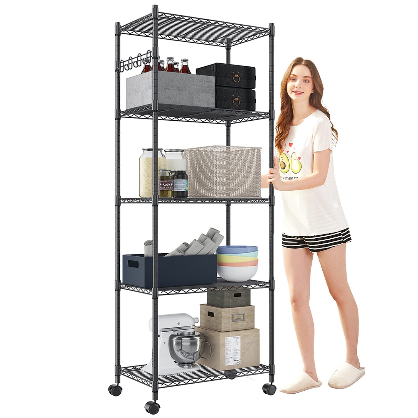 5-Tier Heavy Duty Metal Storage Shelves - Adjustable Wire Shelving Unit with Side Hooks for Garage, Pantry, Kitchen Organization - Black | Space-Saving Solution for Home & Office Storage Needs