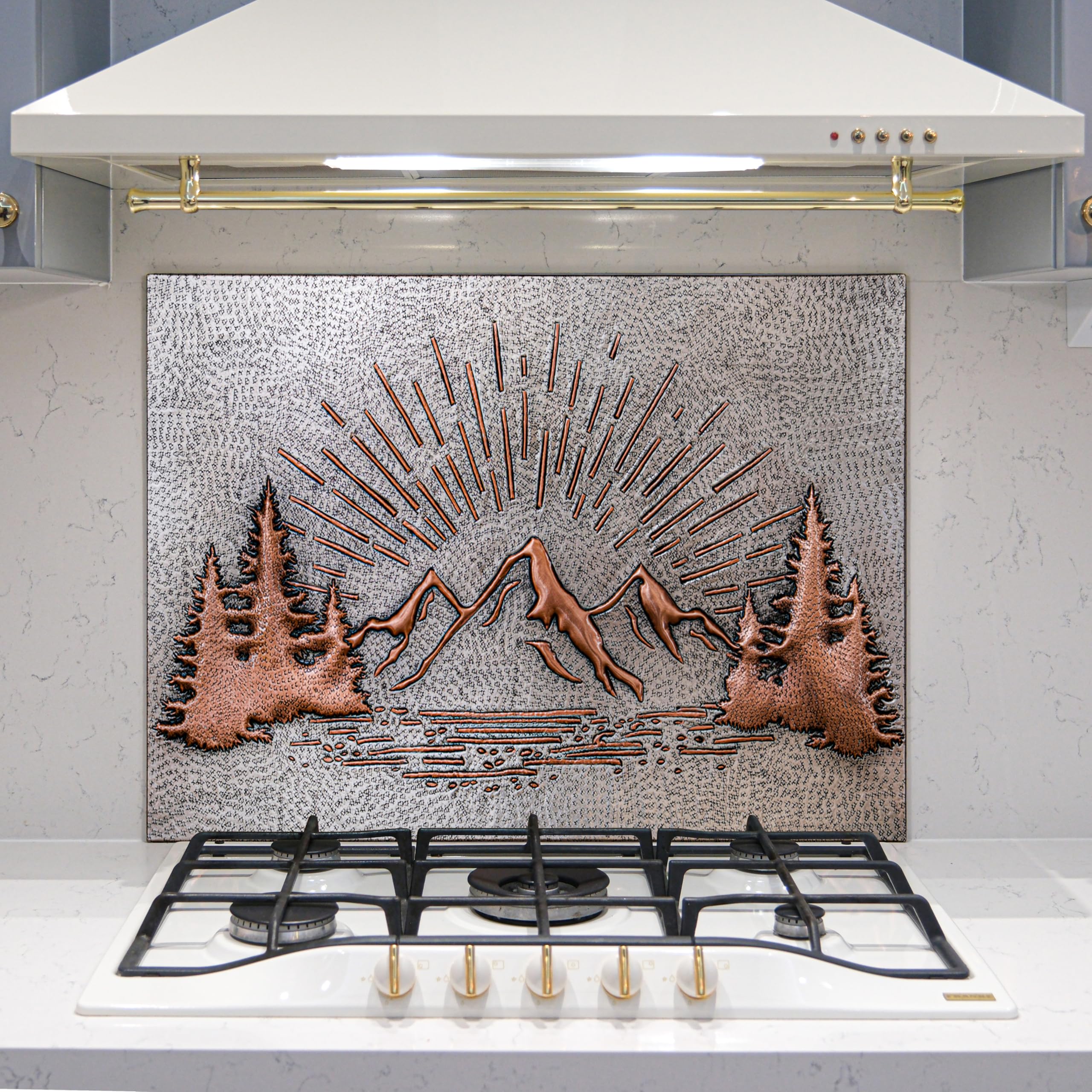 Handmade Copper Kitchen Backsplash Tile - Mountain Sunrise Design, Nature-Inspired Copper Backsplash Panel for Indoor/Outdoor Wall Decor (Gray & Copper) | Perfect for Kitchen Remodel, RV, and Outdoor Living Spaces