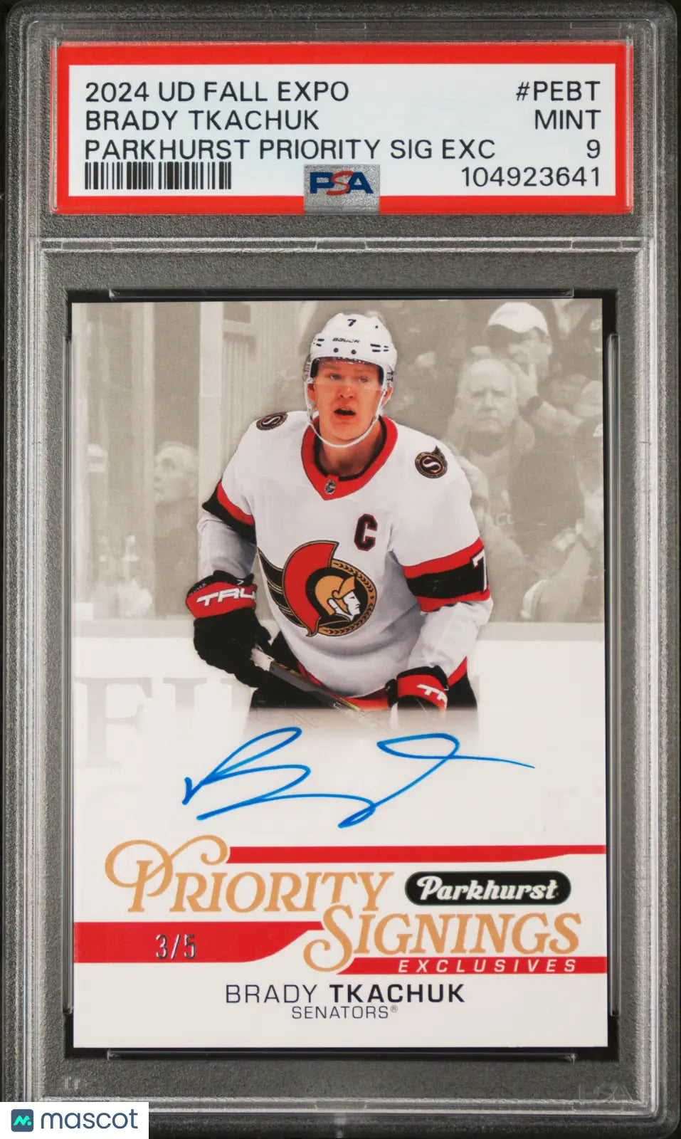 2024 Upper Deck Fall Expo Parkhurst Priority Auto Exclusives Brady Tkachuk PSA 9/5 - Rare Hockey Trading Card for Collectors & Investors