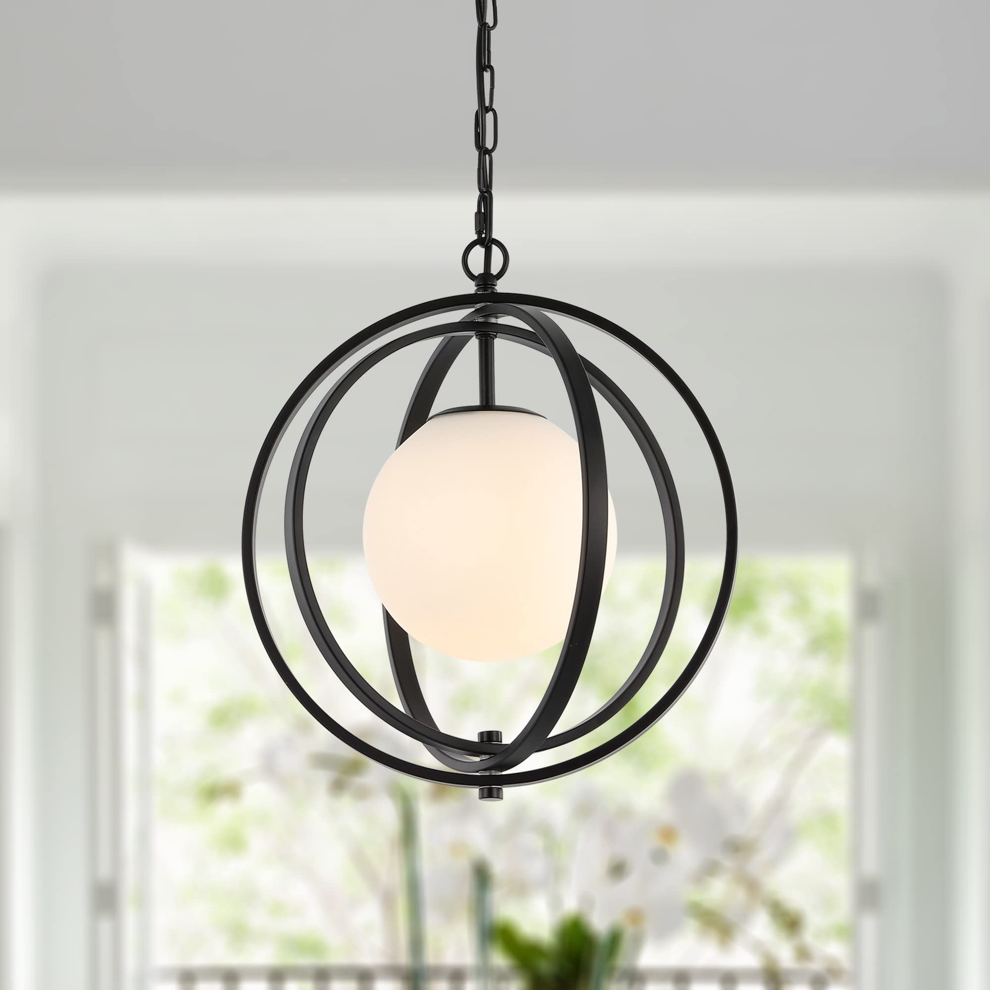 BAODEN Black Orb Chandelier - 1 Light Modern Globe Pendant Light Fixture with White Glass Shade, Hanging Ceiling Lamp for Dining Room, Living Room, Bedroom, Foyer & Kitchen Island | Perfect for Modern Home Decor and Ambient Lighting