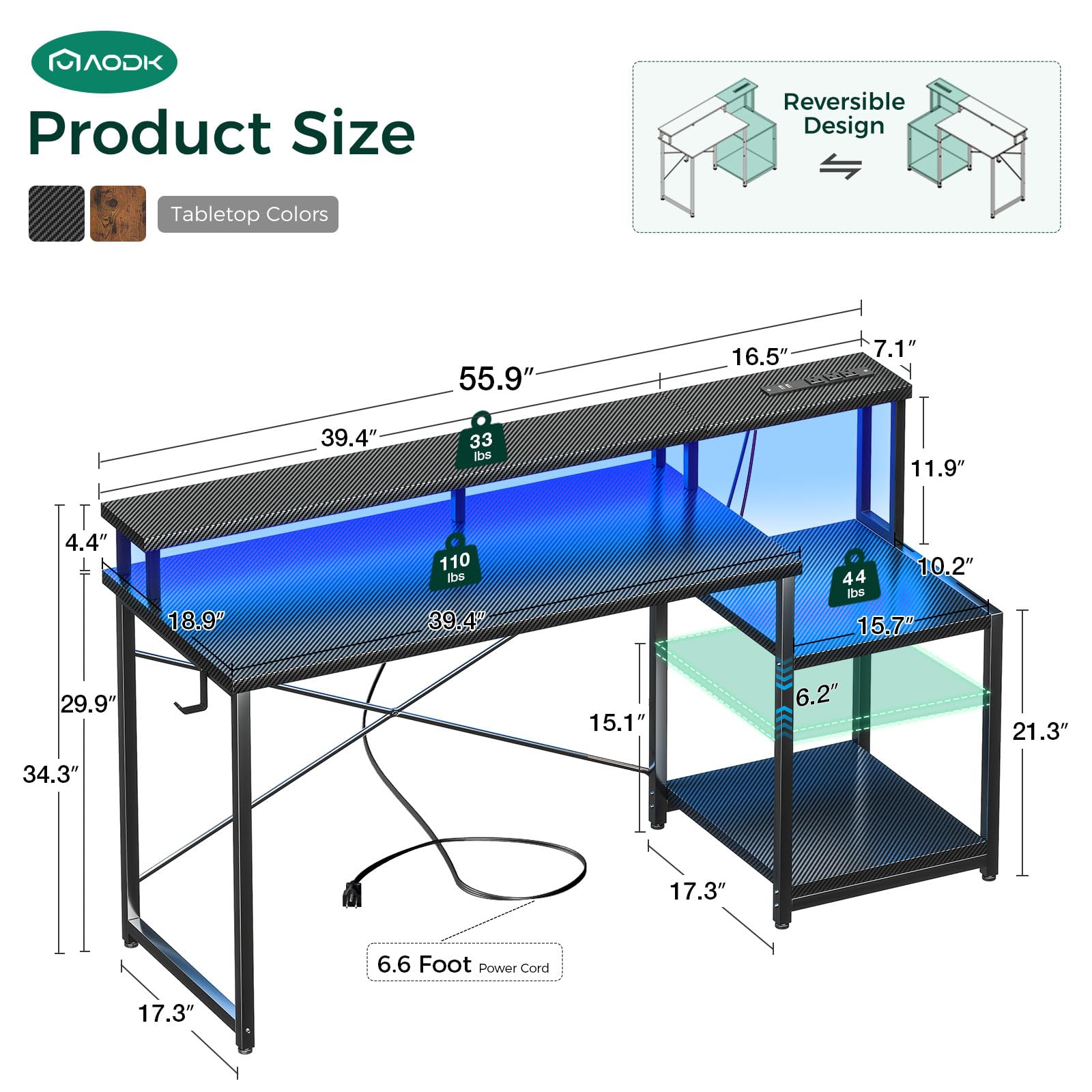 AODK 56 Inch Gaming Computer Desk with LED Lights & Power Outlet, Carbon Fiber Black - Office Desk with Monitor Shelf, Headphone Hook & Printer Storage Shelves - Perfect for Home Office, Gaming Setup and Workstation