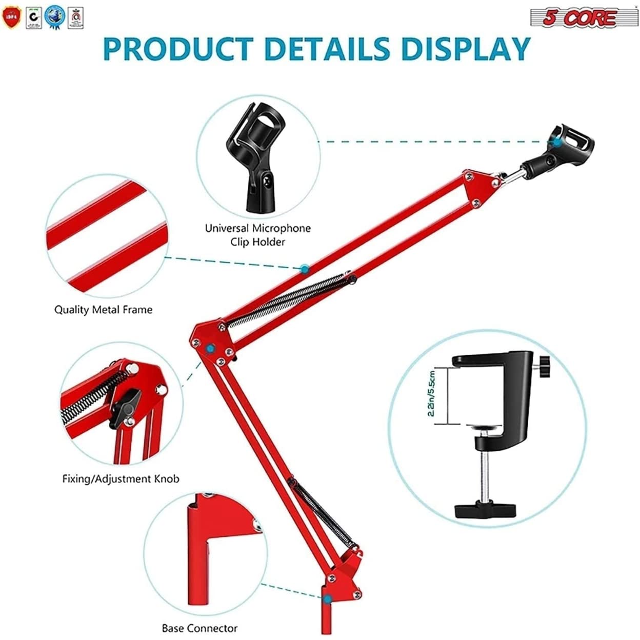 5 Core Adjustable Boom Mic Arm - Heavy Duty Desk Microphone Stand for Podcasting, Streaming & Recording (Brazo Para Micrófono) - Perfect for Home Studios, Gaming & Voiceovers