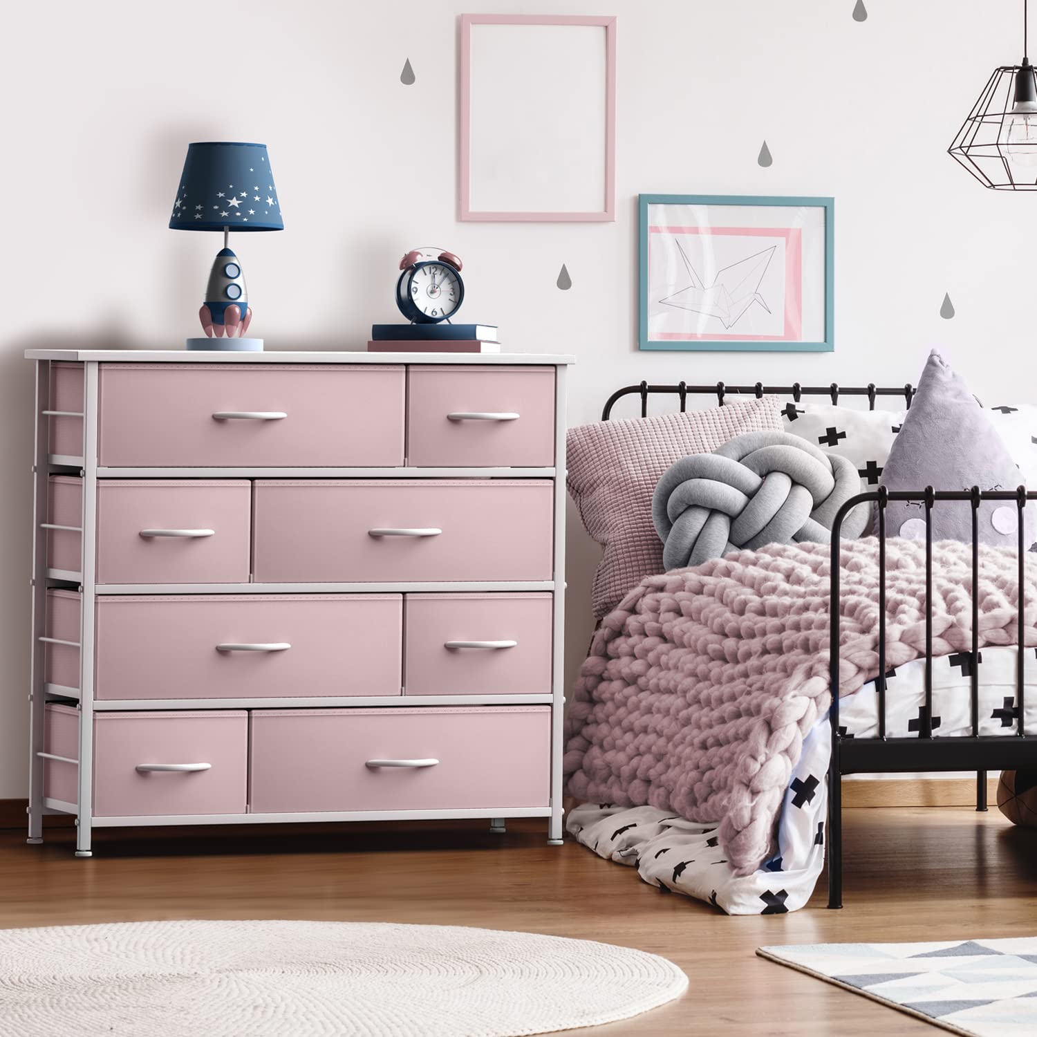 Sorbus 8-Drawer Dresser with Steel Frame & Wood Top - Kids Bedroom Storage Organizer for Clothes, Toys, Nursery & Playroom - Pink Fabric Bins for Home Organization & Space Saving
