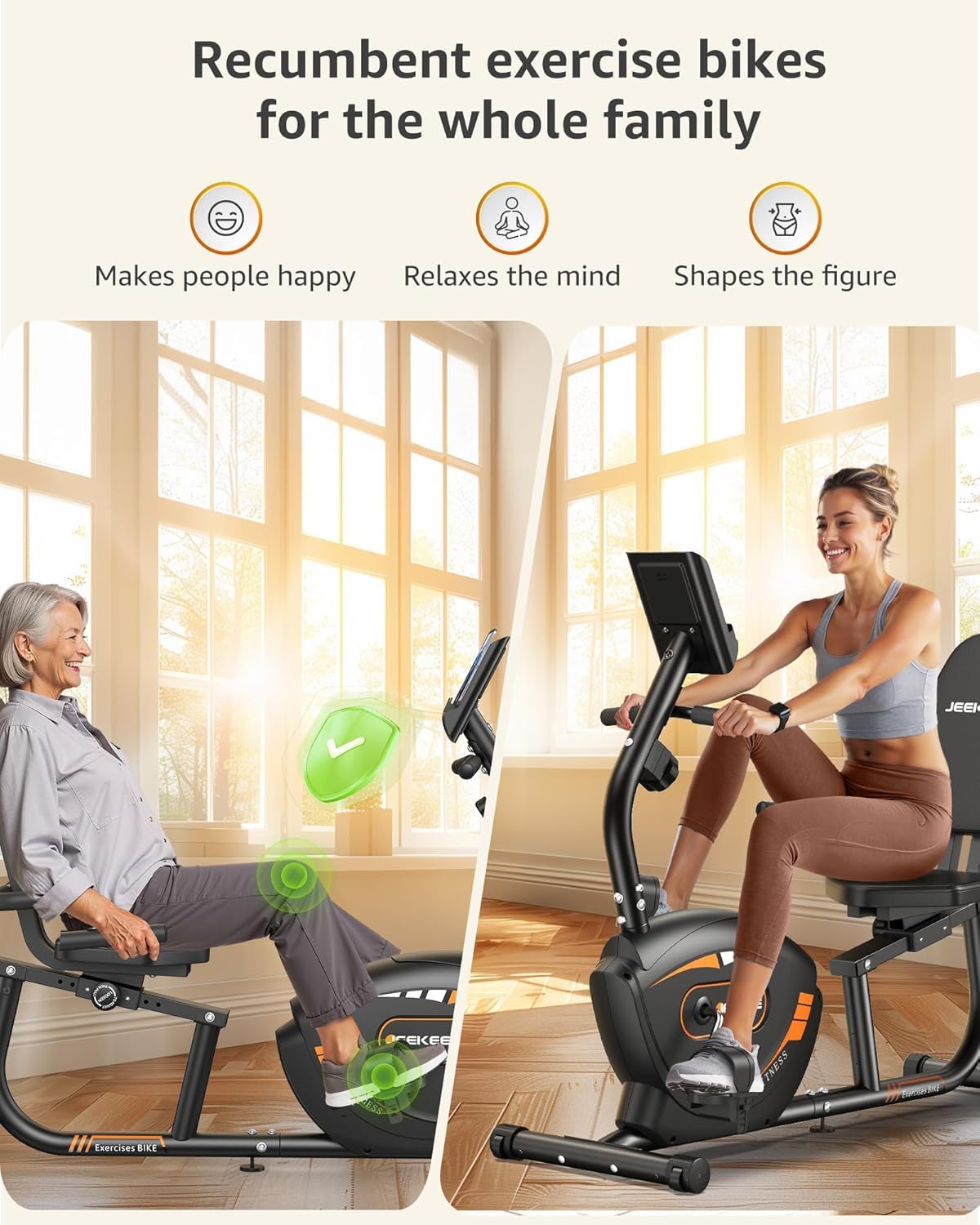 **JEEKEE Recumbent Exercise Bike for Seniors & Adults - 300LB Weight Capacity, 16-Level Magnetic Resistance, Heart Rate Monitor - Home Gym Equipment for Low-Impact Workouts & Physical Therapy**