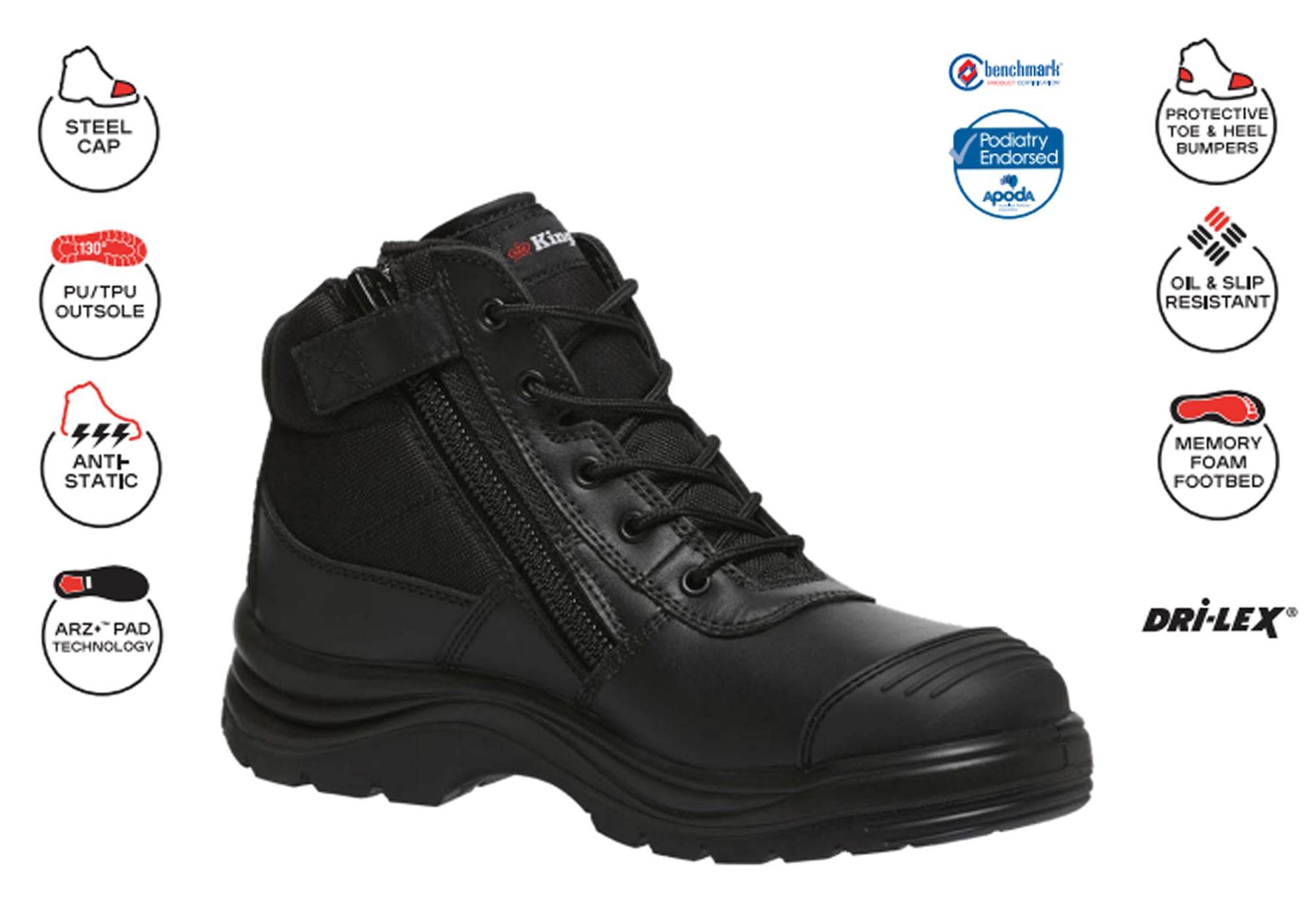 KingGee Men's Steel Toe Work Boots - Black Safety Boots for Construction, Warehouse & Outdoor Work | Durable Tradie Footwear