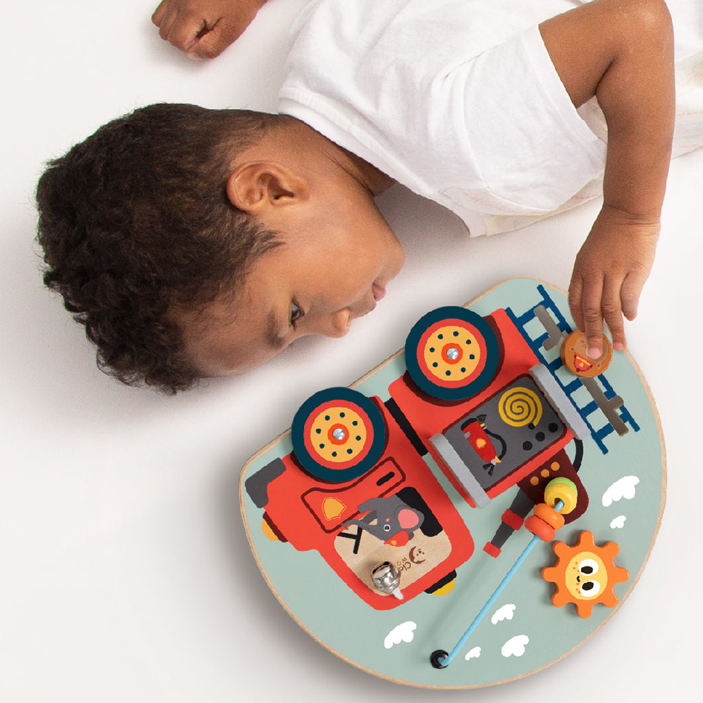 Wooden Fire Engine Busy Board - Montessori Sensory Toy for Toddlers - Fine Motor Skills Activity - Perfect for Travel & Home Play