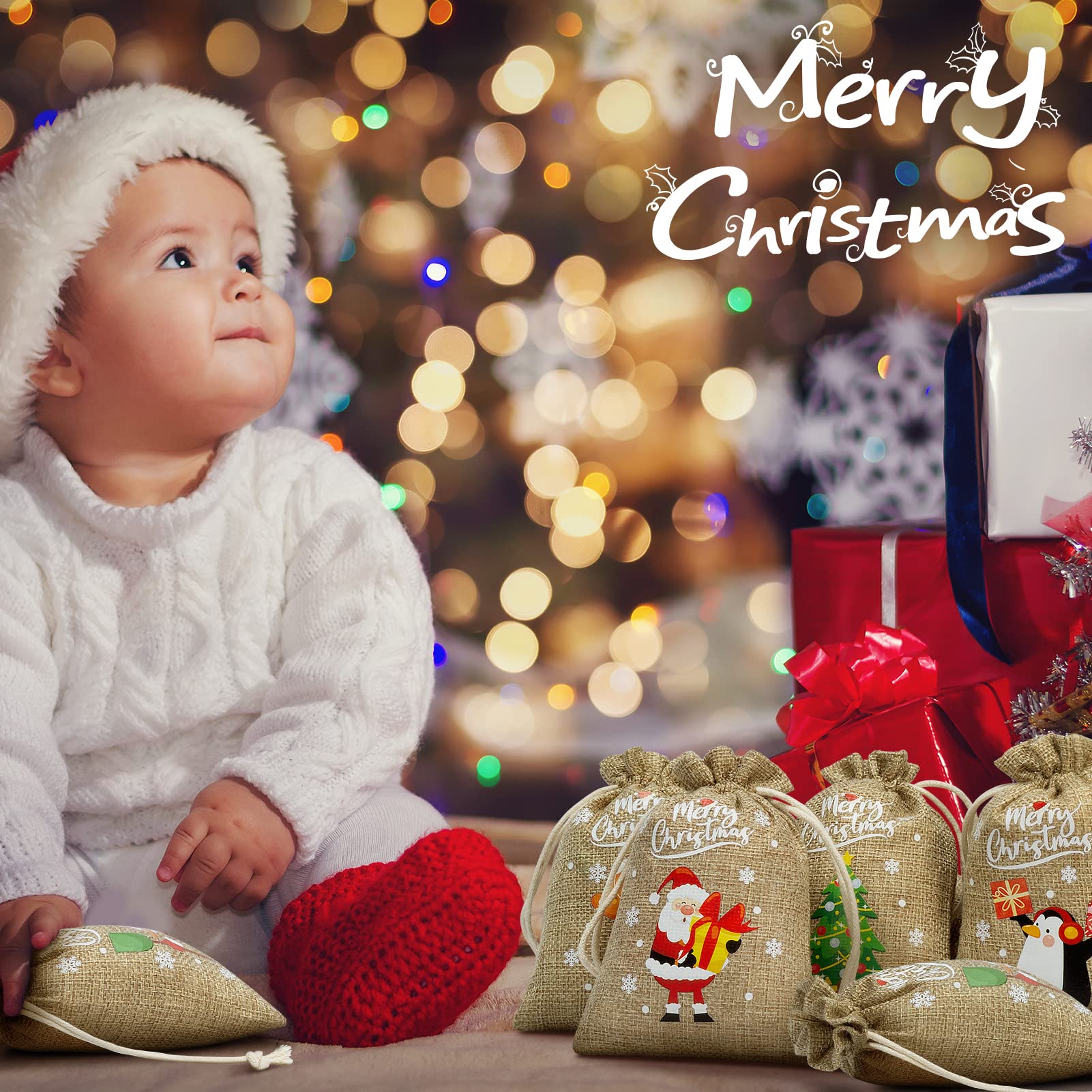 36Pcs Christmas Burlap Drawstring Gift Bags - Small Jute Xmas Candy Bags, Linen Treat Sacks for Holiday Party Favors, Reusable Gift Wrapping - Perfect for Christmas Gifts, Candy Treats, Party Favors & Holiday Decorations