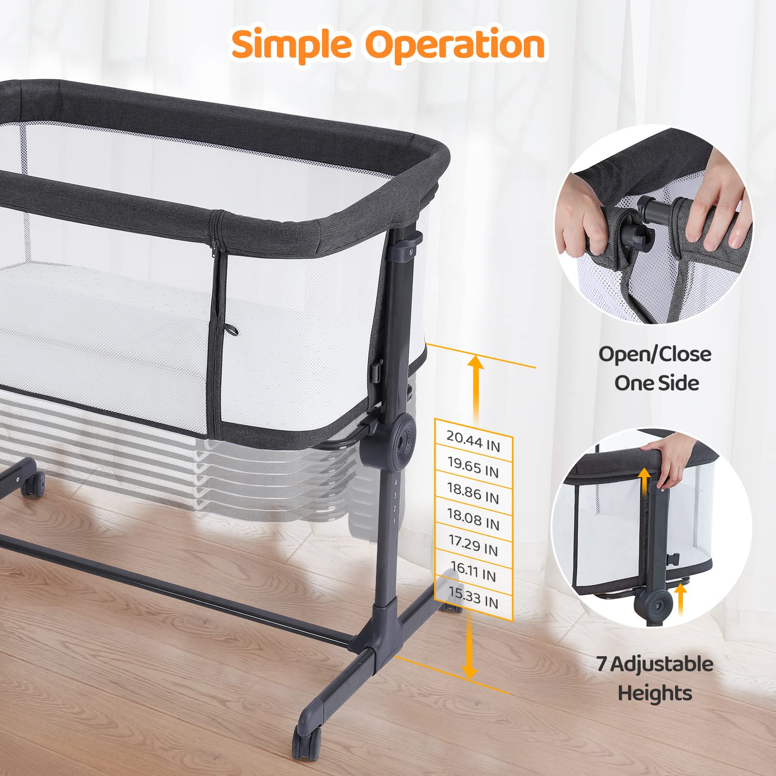 Ezebaby Portable Baby Bassinet Bedside Sleeper - Adjustable 7 Height Levels, Breathable Mesh Sides with Included Mattress & Sheet - Perfect for Newborns & Infants - Ideal for Nursery, Bedroom Co-Sleeping and Travel Use