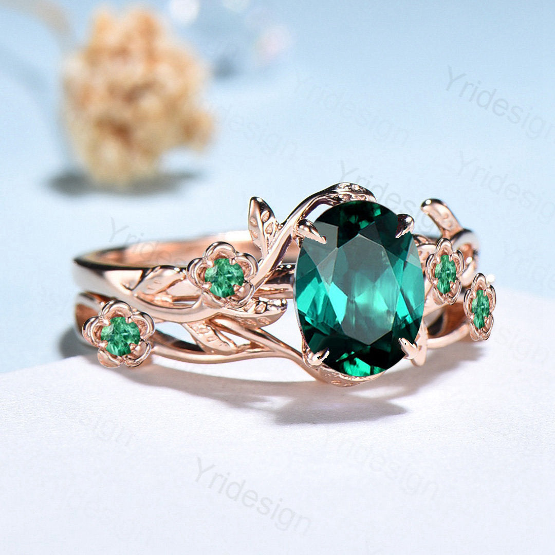 Nature Inspired Floral Emerald Wedding Ring Set - Vintage Twig Leaf Engagement Ring, Art Deco Branch Bridal Jewelry for Outdoor & Boho Weddings
