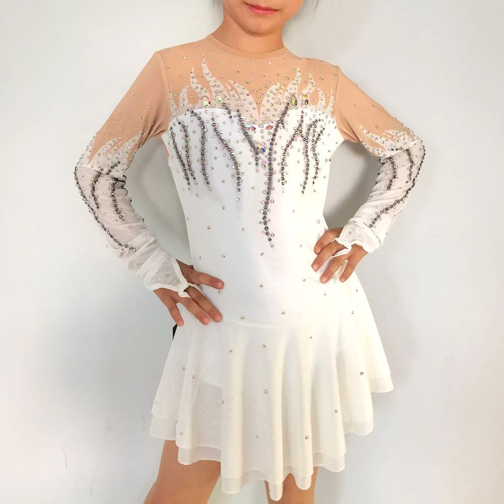 LIUHUO White Printed Figure Skating Dress with Full Drill Mesh for Girls - Performance, Competition & Training Outfit - Perfect for Ice Shows, Recitals & Dance Practice