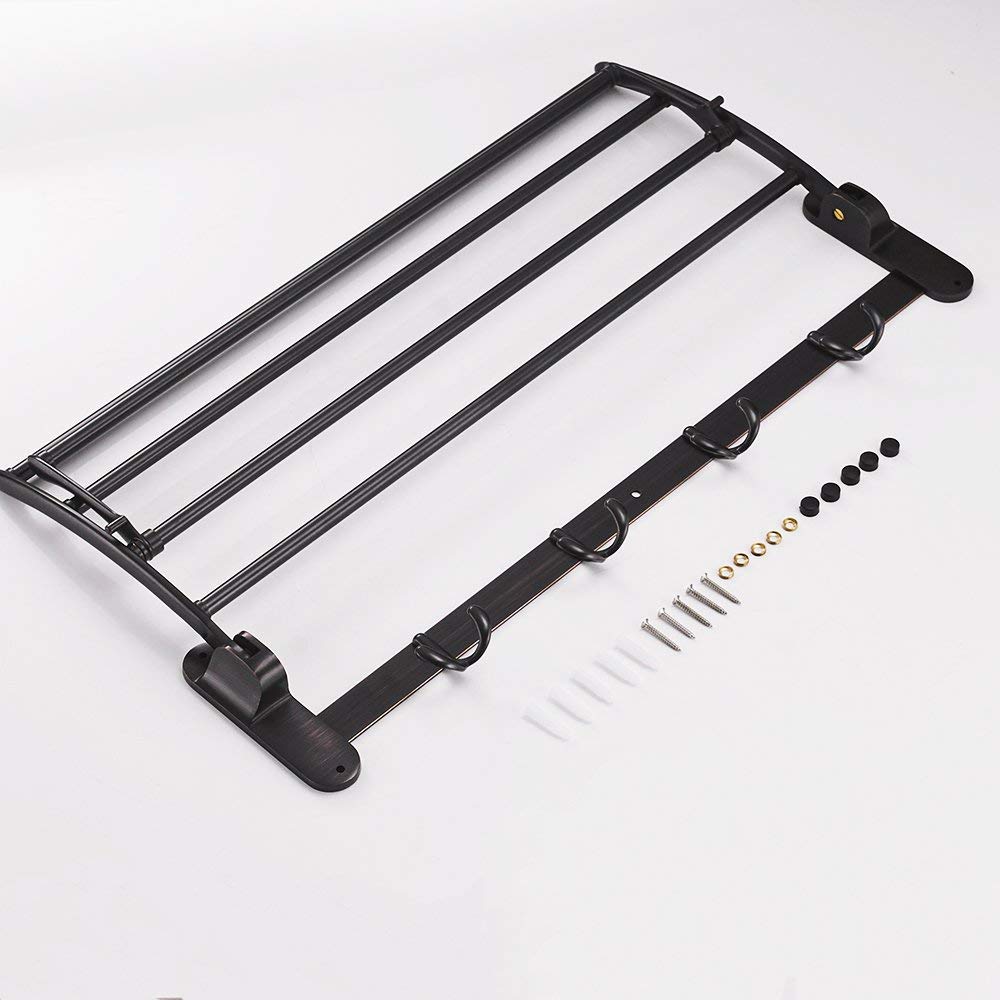 BESy Oil Rubbed Bronze Brass Hand Towel Bar - Foldable Towel Rack with Shelf & Hooks for Bathroom, Kitchen, Spa - Rust-Resistant Bathroom Accessories for Home Decor