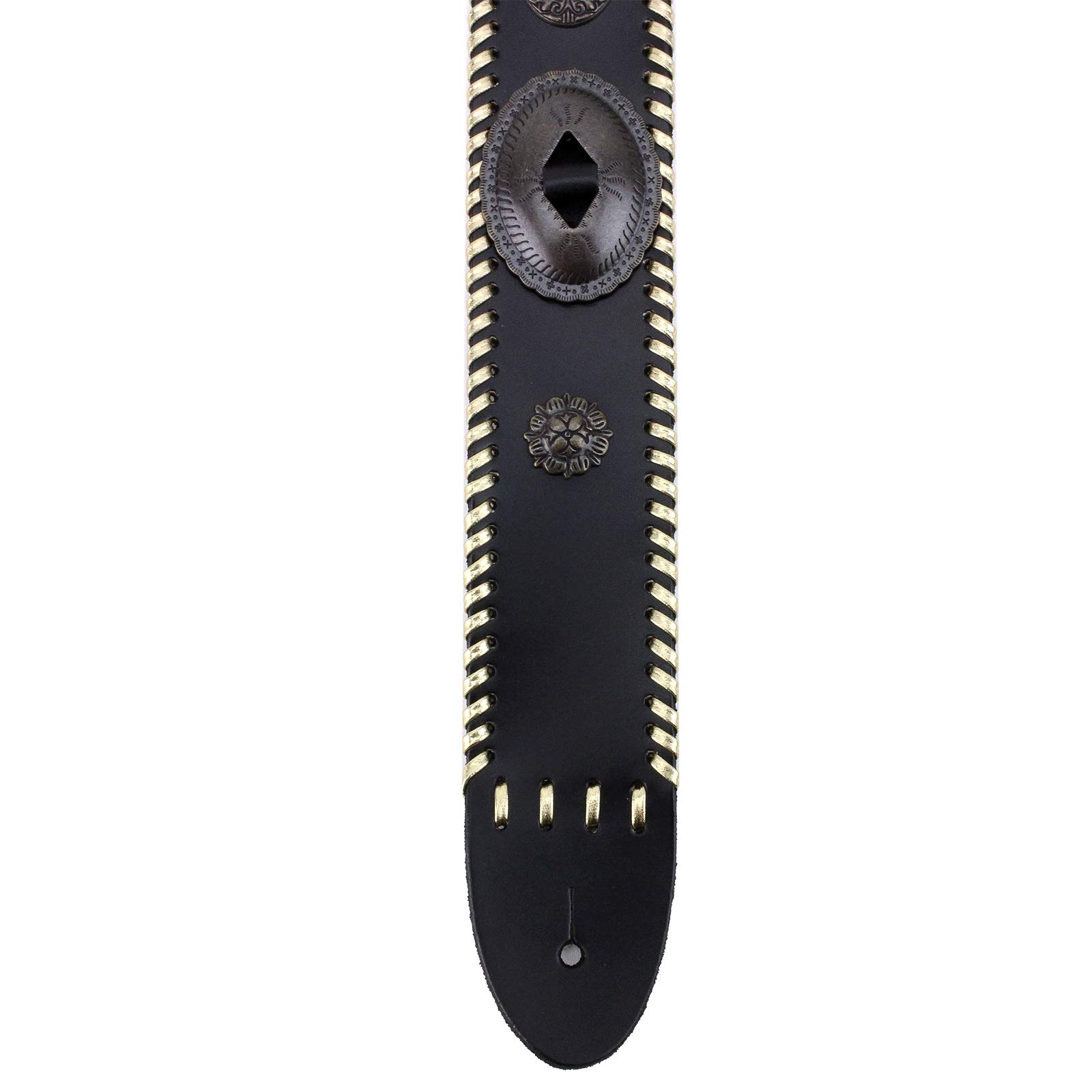 Walker & Williams SP-236 Premium Black Italian Leather Guitar Strap with Conchos & Gold Trim - for Acoustic, Electric & Bass Guitars - Perfect for Live Performances & Studio Sessions