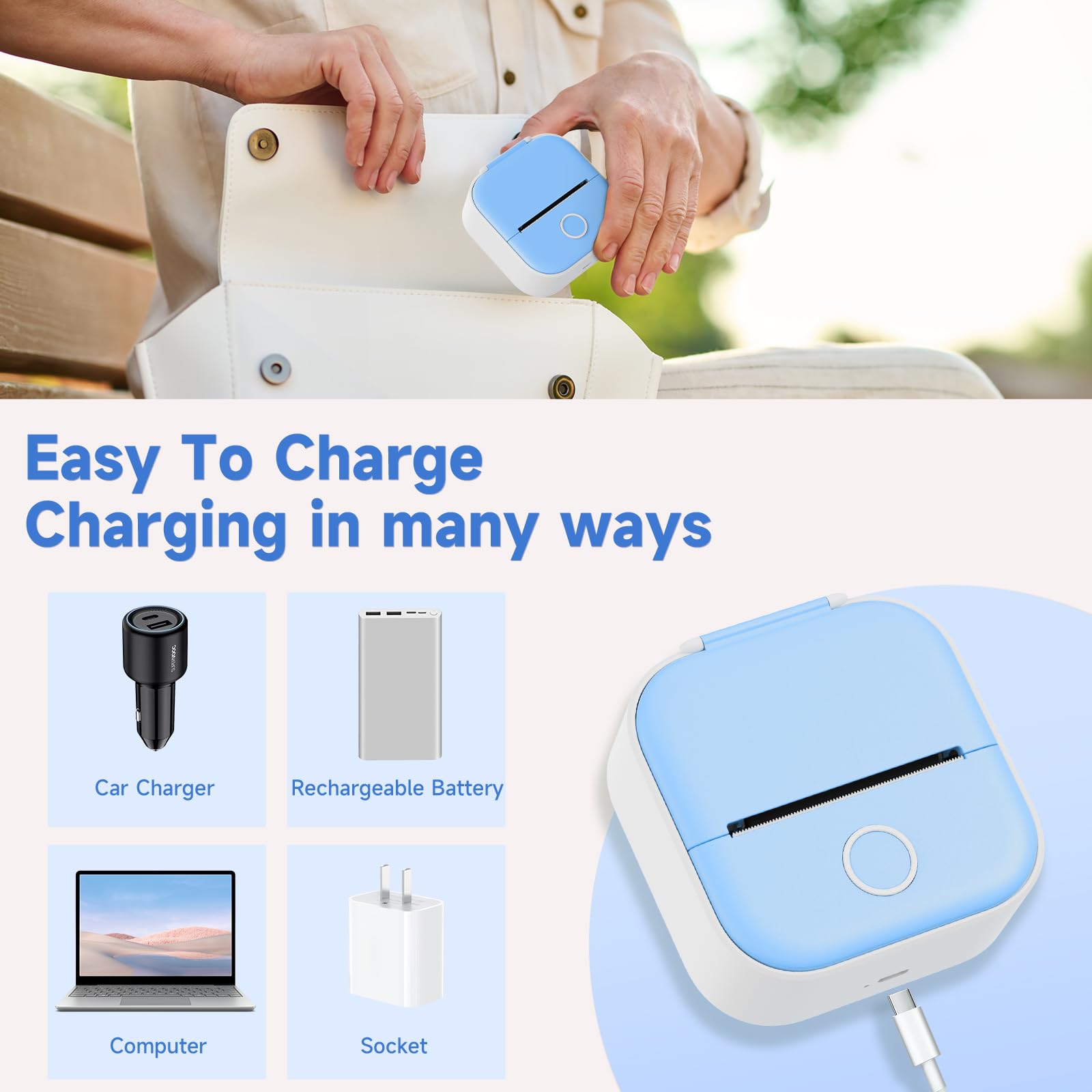 Odaro T02 Mini Bluetooth Thermal Sticker Printer - Portable Sticker Maker Machine with 1 Roll Paper for School Notes, Journals, Coloring Pictures (Blue) | Perfect for DIY Crafts, Labeling & Scrapbooking