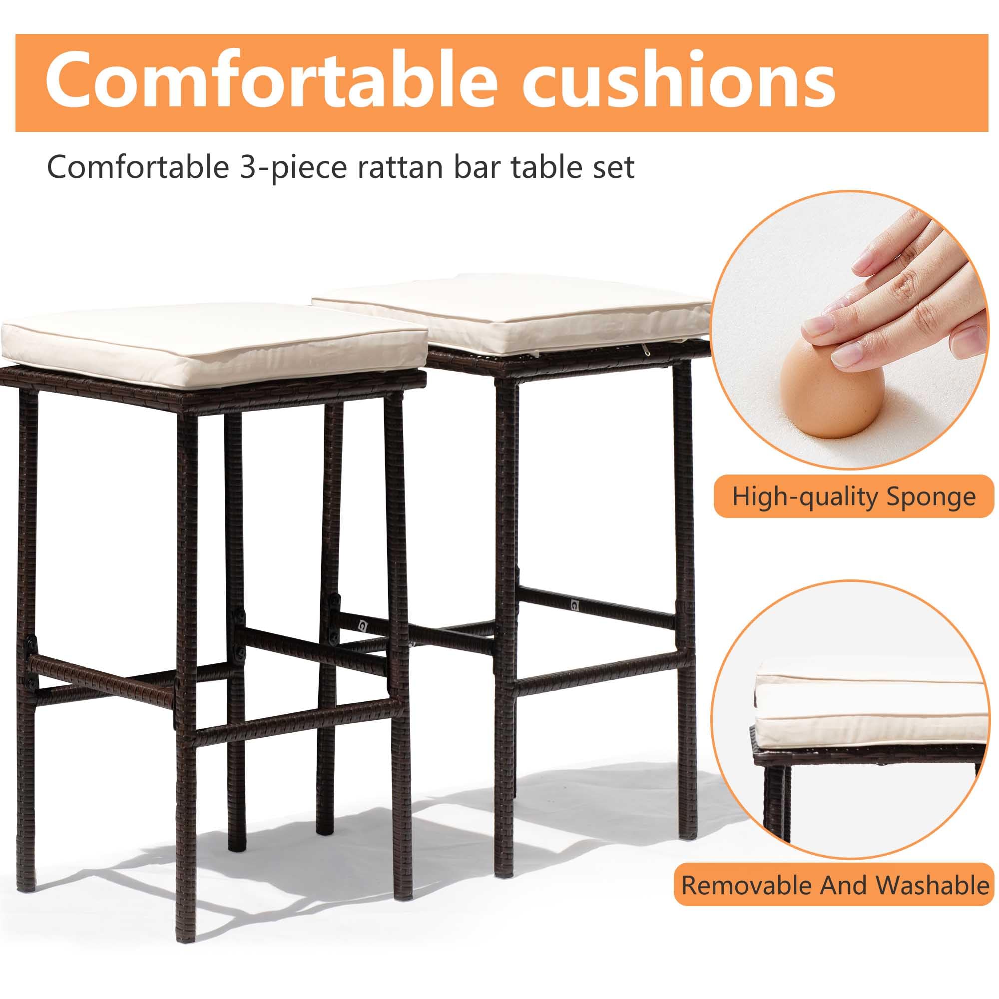 Premium 3-Piece Rattan Bar Set - Patio Wicker Bistro Table with 2 Bar Stools, Tempered Glass Top & Storage Shelves for Outdoor/Indoor Use - Perfect for Poolside, Porch, Garden & Backyard Entertaining (Khaki)
