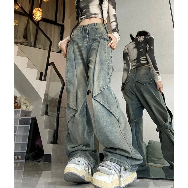 Vintage Blue High Waist Women's Jeans | Y2K Baggy Wide Leg Denim Pants | American Fashion Streetwear | 2024 New Chic Female Trousers | Perfect for Casual Outfits, Retro Looks & Street Style