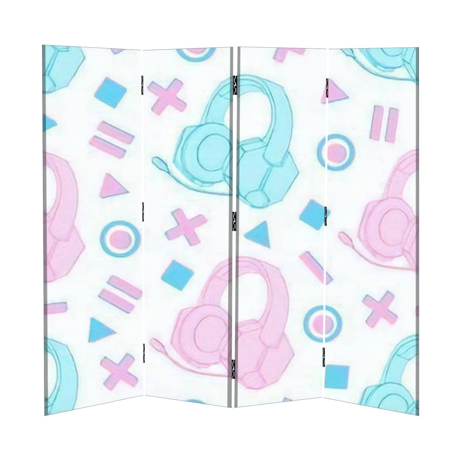 4 Panel Canvas Room Divider Screen with Geometric Design - Foldable Privacy Partition for Home Office, Studio & Bedroom | Temporary Wall Divider with Headphone Hook & Microphone Holder