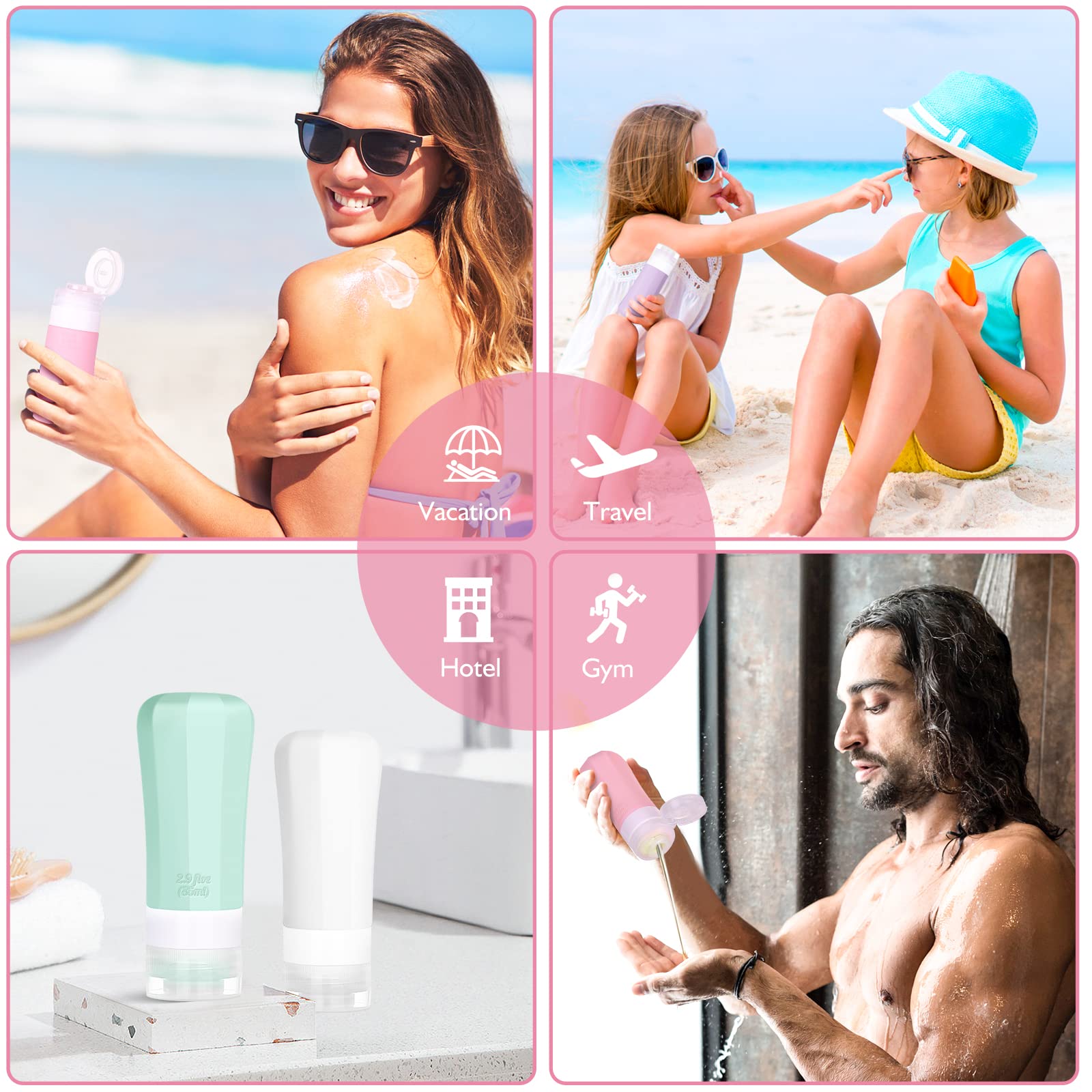 18-Piece Silicone Travel Bottles Set - TSA Approved Leak-Proof Toiletry Containers for Shampoo, Lotion & Cosmetics | Portable Squeeze Bottles for Women's Travel Essentials (Pink & Green) - Perfect for Airplane Carry-On, Gym Bag & Vacation Toiletries Organization