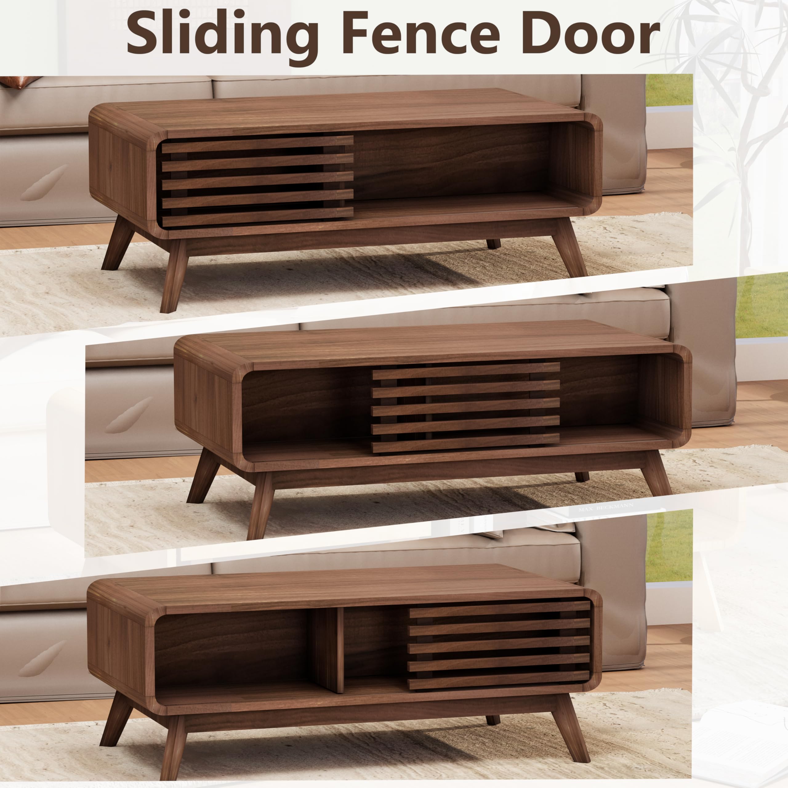 Mid Century Modern Coffee Table with Storage - Farmhouse Wooden Living Room Table with Sliding Fence Door in Walnut - Perfect for Small Spaces, Living Rooms & Cozy Home Decor