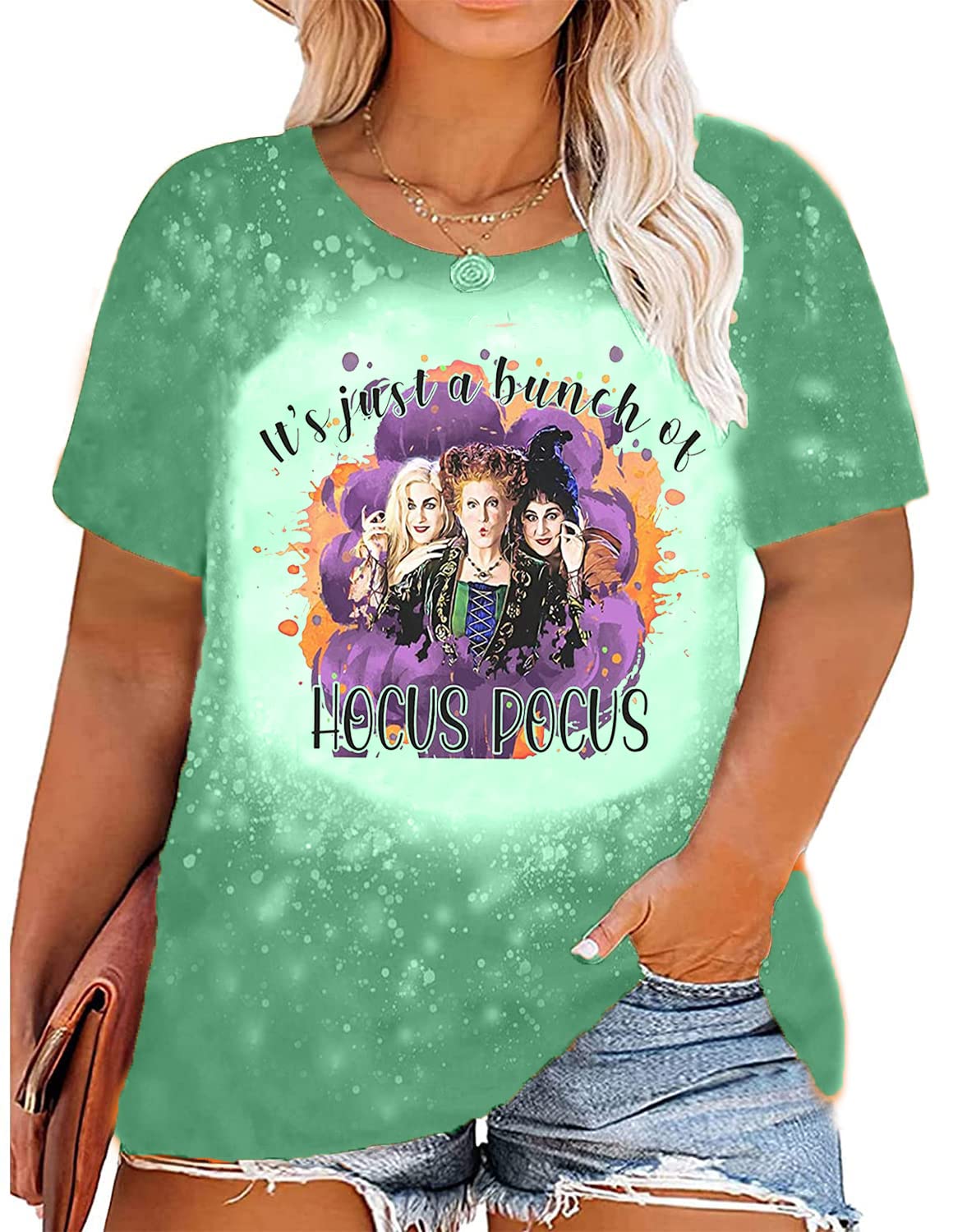 Plus Size Hocus Pocus T-Shirt for Women | Sanderson Sisters Halloween Graphic Tee | Bleached Short Sleeve Fall Top | Perfect for Halloween Parties & Casual Wear