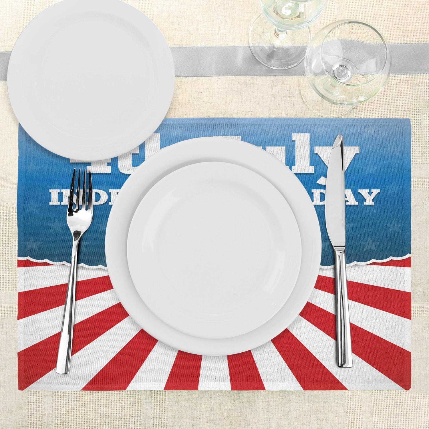 Ambesonne 4th of July Patriotic Place Mats Set of 4 - Stars & Stripes Independence Day Themed Washable Fabric Table Mats for Dining Room Kitchen Decor - Perfect for BBQs, Parties & Holiday Celebrations