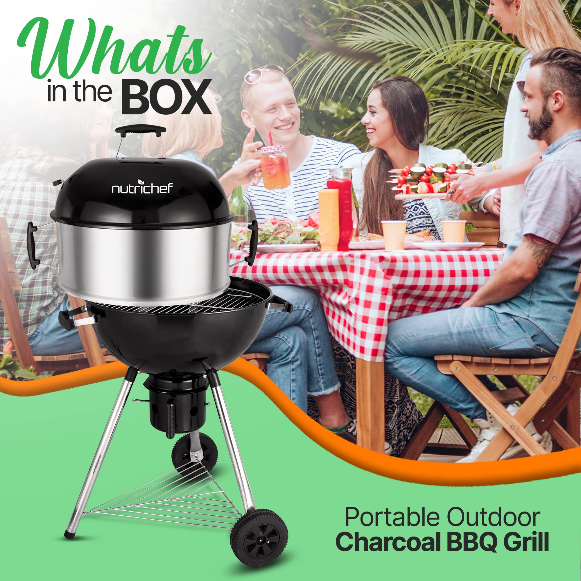 NutriChef Portable Outdoor Charcoal BBQ Grill - Compact Barbecue Smoker with Cover for Backyard, Camping, Picnics & Tailgating | Perfect for Grilling Burgers, Steaks & Vegetables at Home or On-The-Go