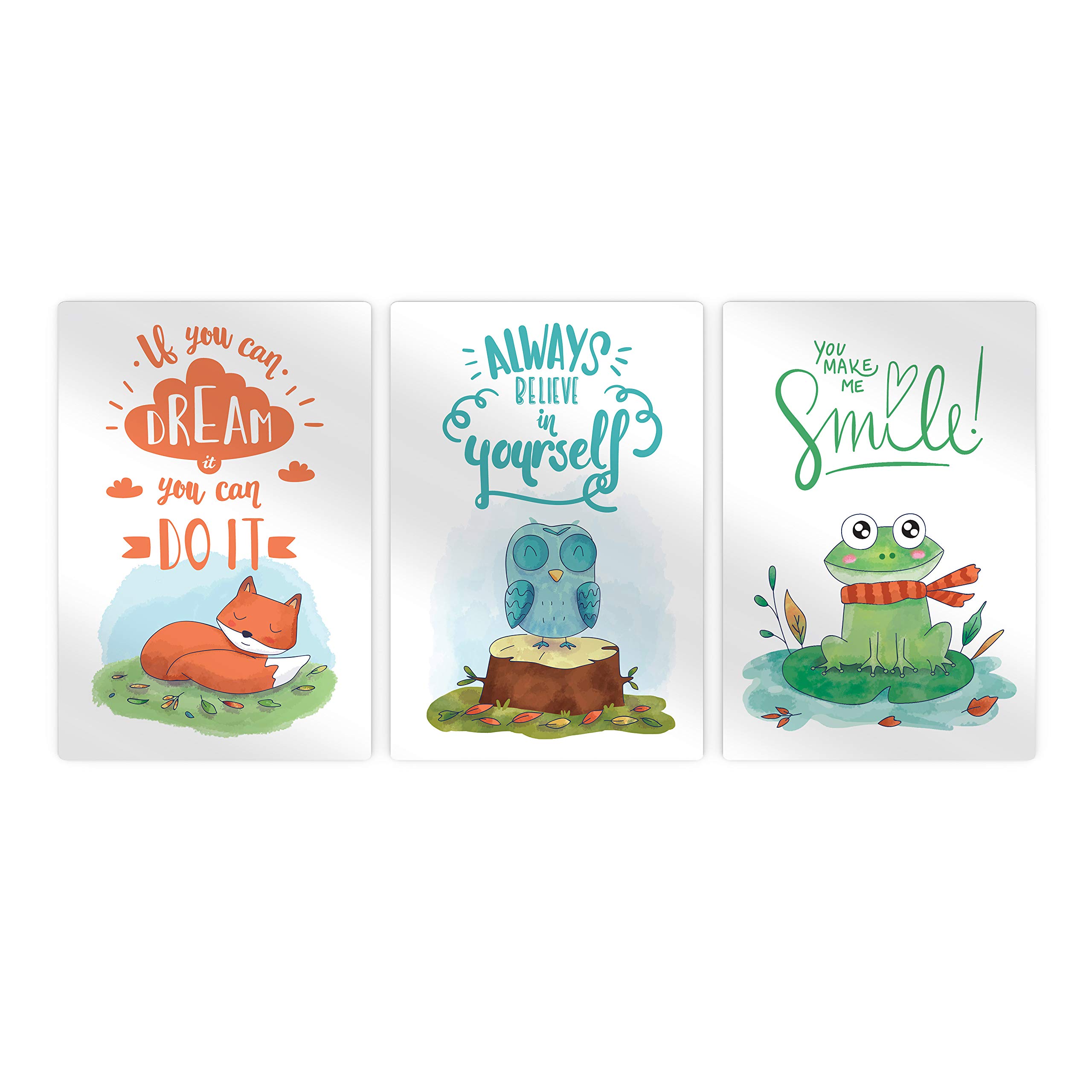 Fox Owl Frog Motivational Wall Art - 3 Panel Metal Print Set for Nursery, Baby Girl & Boy Room, Kids Room Decor - Ready to Hang, 100% Handmade in USA (30x20 Inches x3) - Perfect for Nursery Themes, Birthday Gifts & Playroom Wall Decor