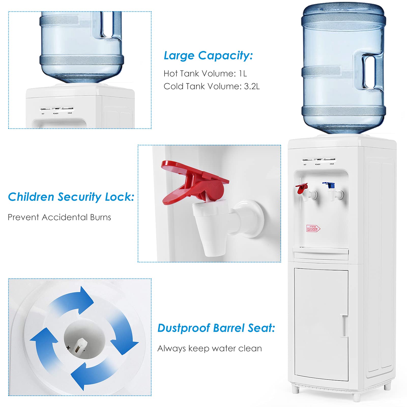 GOFLAME Top Loading Water Cooler Dispenser with Hot & Cold Water - 3-5 Gallon Capacity, Storage Cabinet & Child Safety Lock - Perfect for Home, Office & Dorm Use