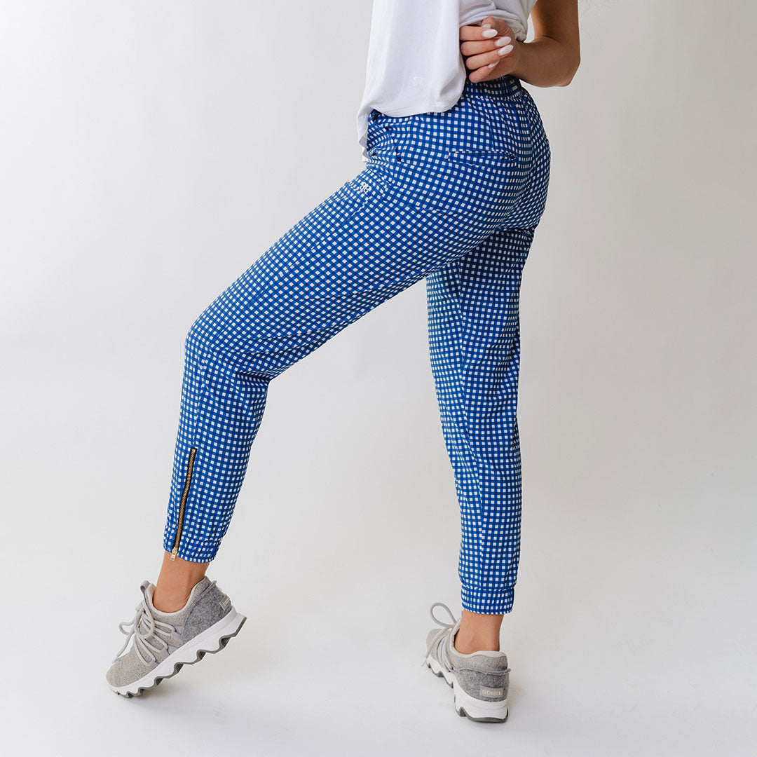 Blue Gingham Jetsetters - Stylish and Comfortable Travel Outfit for Women | Perfect for Vacations, Road Trips, and Summer Adventures