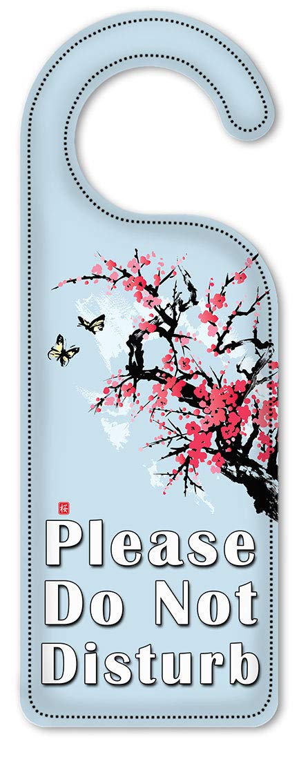 Art Plates Do Not Disturb Door Hanger Sign - Pink Cherry Blossoms & Butterflies Design for Bedroom, Hotel, Office Privacy (Handmade Wooden Decor)