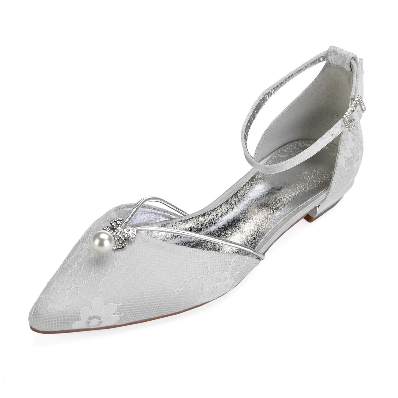 MGEM Women's Ankle Strap Pointed Toe Ballet Flats - Elegant Lace Satin Bridal Shoes for Wedding, Party & Special Occasions - Comfortable Ballerina Sandals for Bride, Bridesmaid & Formal Events