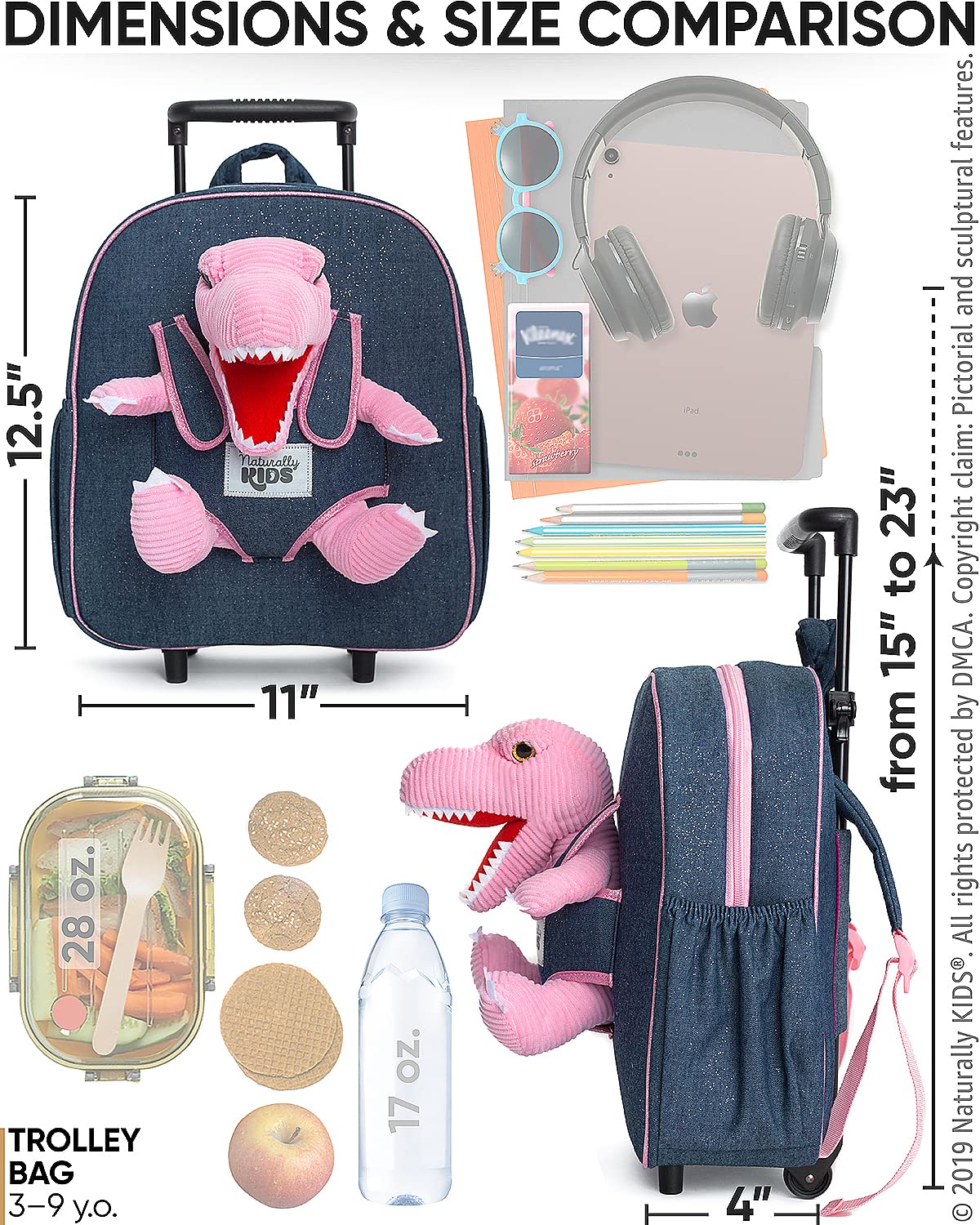 Pink Dinosaur Toddler Luggage - Kids Rolling Backpack for Girls & Boys, Travel Suitcase with Wheels for 3-6 Year Olds - Perfect for Airplane Trips, Preschool, Birthday Gifts & Family Vacations