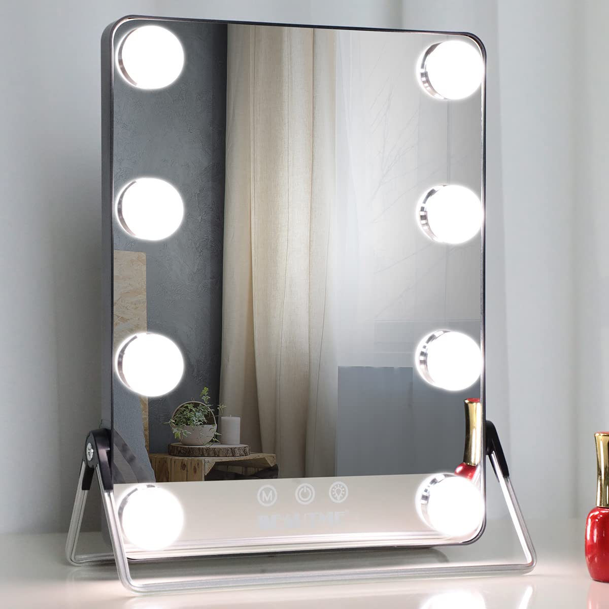 BEAUTME Hollywood Makeup Vanity Mirror with 8 Dimmable LED Lights - Adjustable Brightness Tabletop & Travel Cosmetic Mirror for Professional Makeup Application (Black) - Perfect for Home Dressing Room, Salon, and On-the-Go Touch Ups