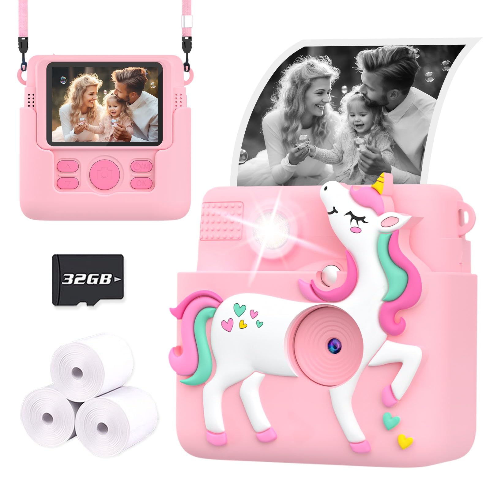 Instant Print Kids Camera 1080P - Best Birthday & Christmas Gift for Girls Age 3-12 | Includes 3 Photo Paper Rolls & 32GB Card (Pink) - Perfect for Playtime, Travel & Creative Photography