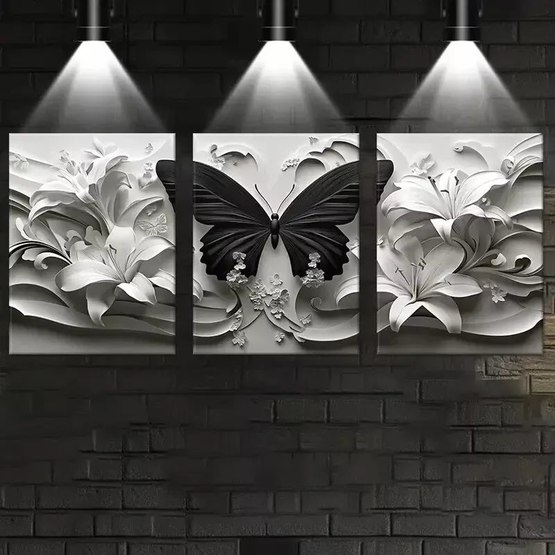 3-Piece Abstract Butterfly with White Florals Wall Art Set - Framed Canvas 50x70cm - High Quality Print - 100% Australian Made - Ready to Hang - Perfect for Living Room, Bedroom & Office Decor