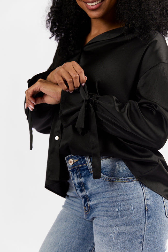 Think It Through Black Bow Cuff Satin Button Down Shirt for Women - Elegant Office Wear & Special Occasion Blouse - Final Sale